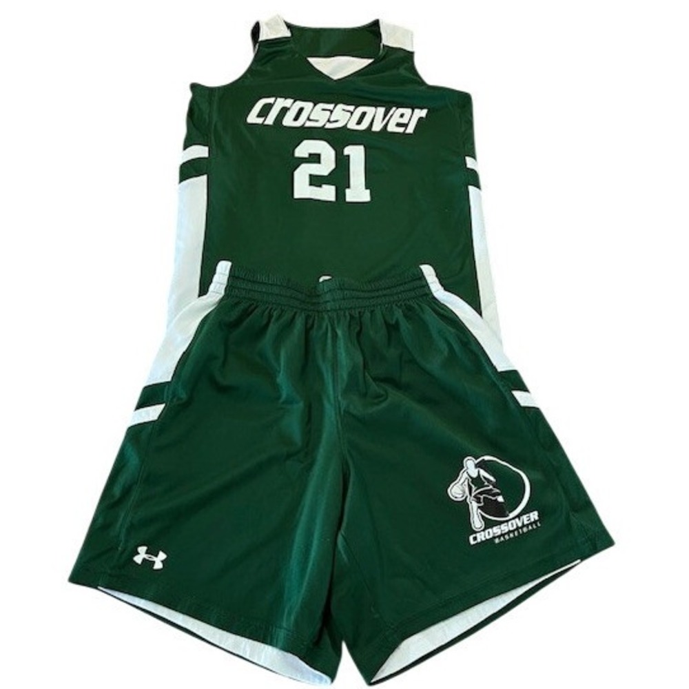 Under Armour Kids Crossover Basketball Uniform Set Jersey Shorts Green White 21